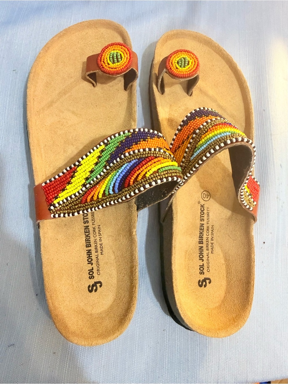Beaded Leather Slide Sandals - Multicolor